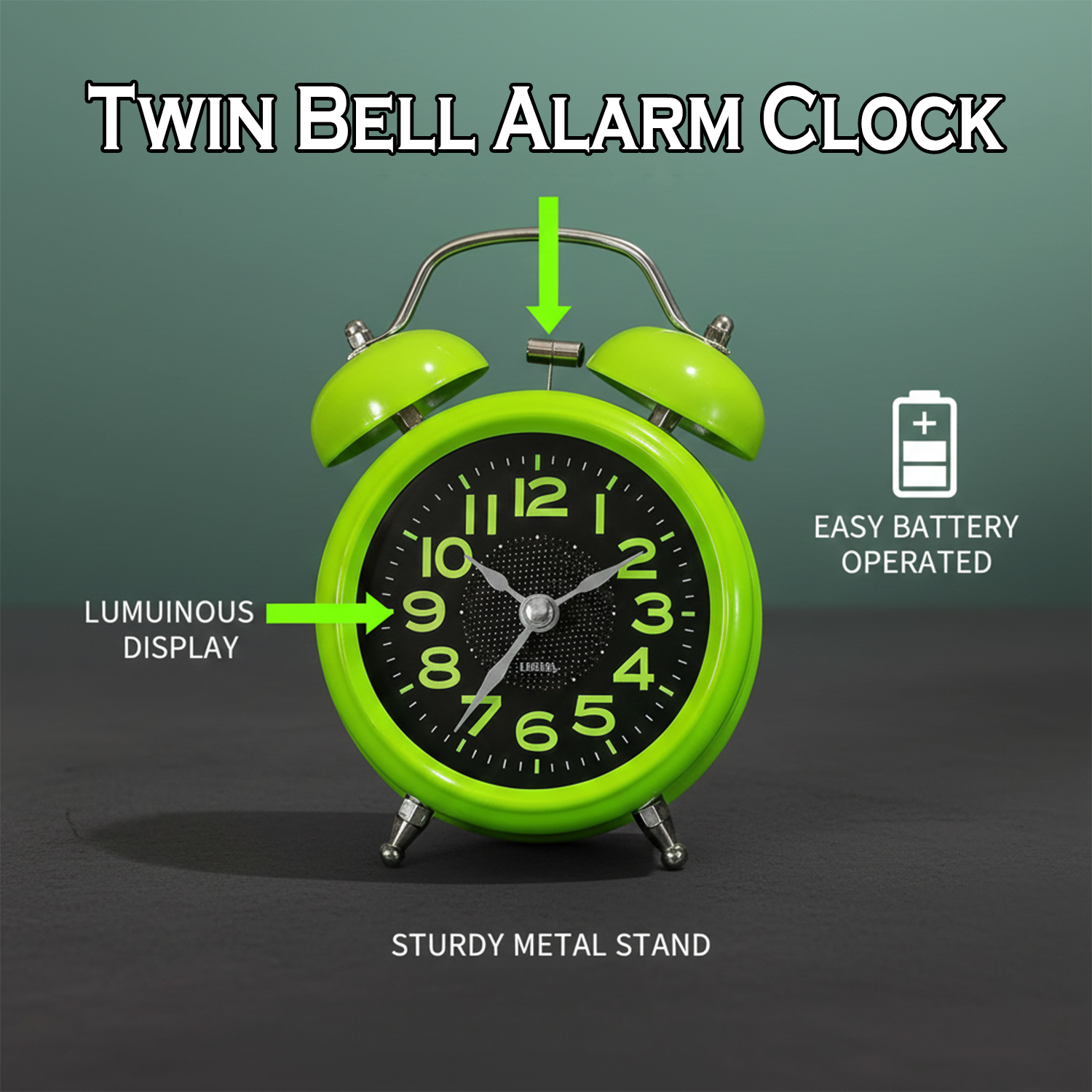 Vintage Twin Bell Analog Alarm Clock for Bedroom & Office – Green