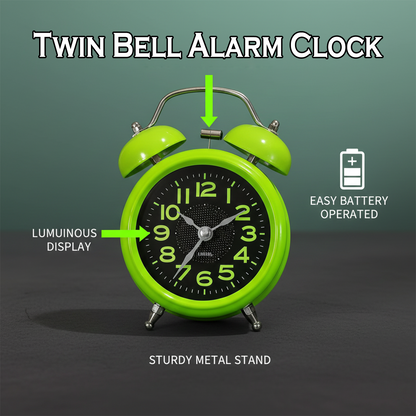 Vintage Twin Bell Analog Alarm Clock for Bedroom & Office – Green