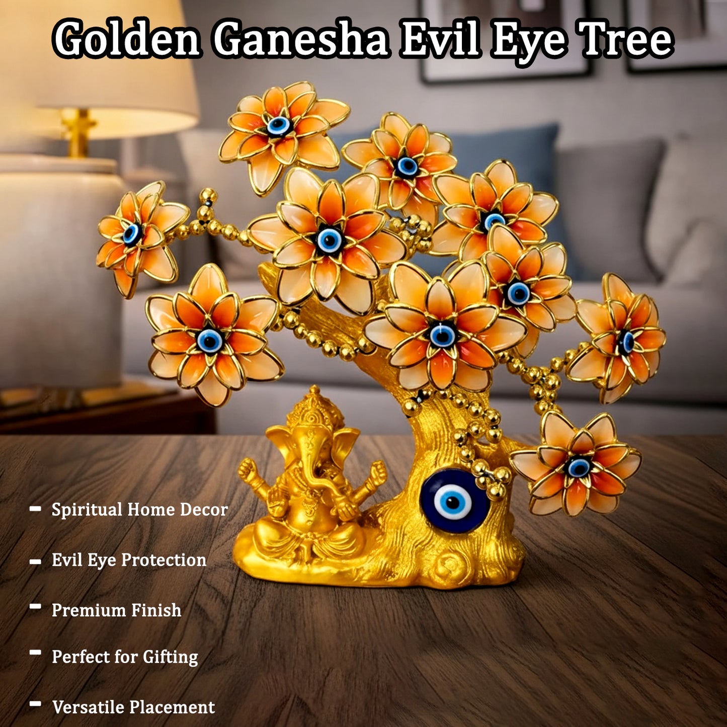 Golden Ganesha Tree Showpiece with Evil Eye for Home Décor & Gift