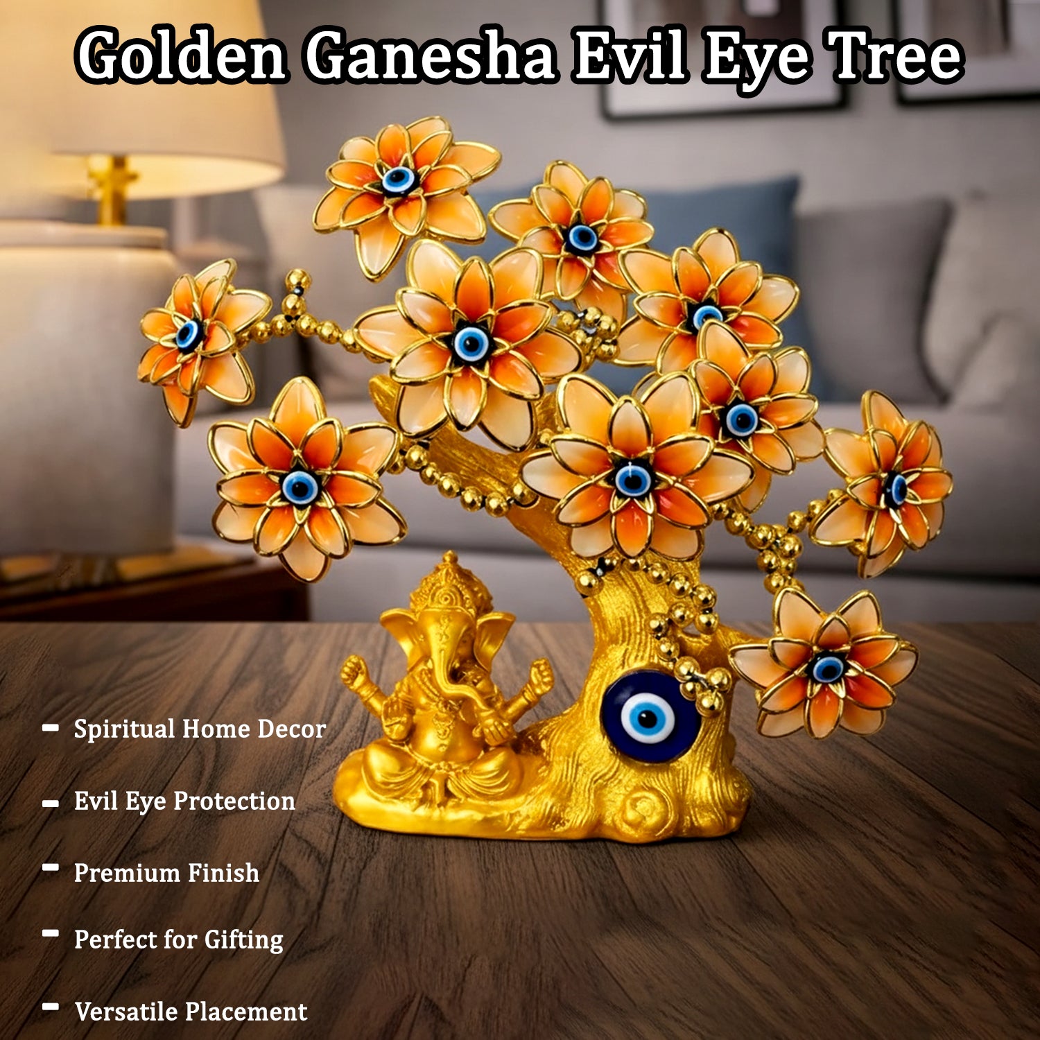 Golden Ganesha Tree Showpiece with Evil Eye for Home Décor & Gift