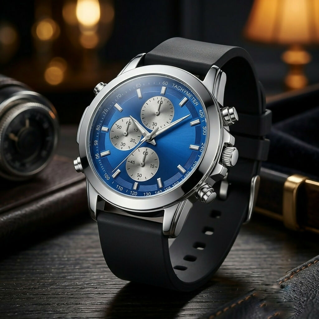 Silver chronograph watch with a bright blue dial, three subdials, and a black silicone strap on a dark table.