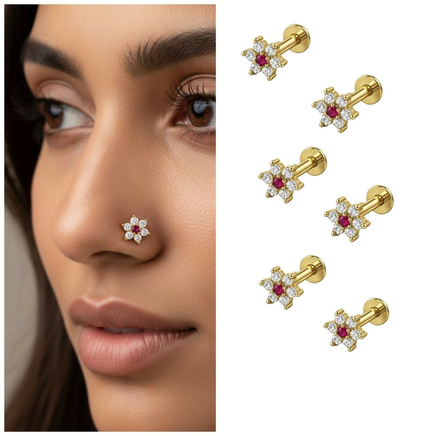 Close-up of gold plated ruby and cubic zirconia floral nosepin stud