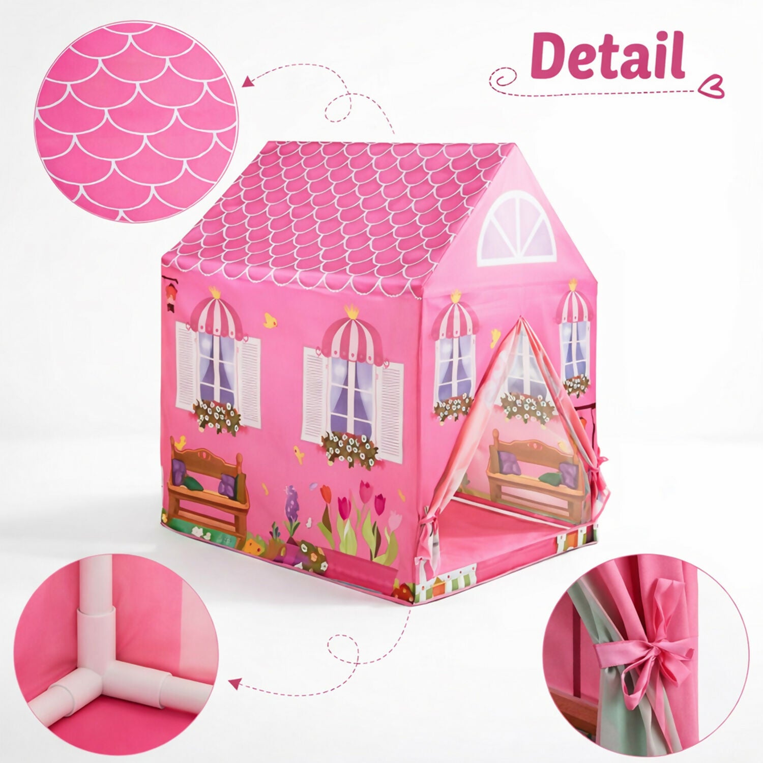 Pink Foldable Kids Play Tent House with Printed Home Design for Indoor & Outdoor Fun