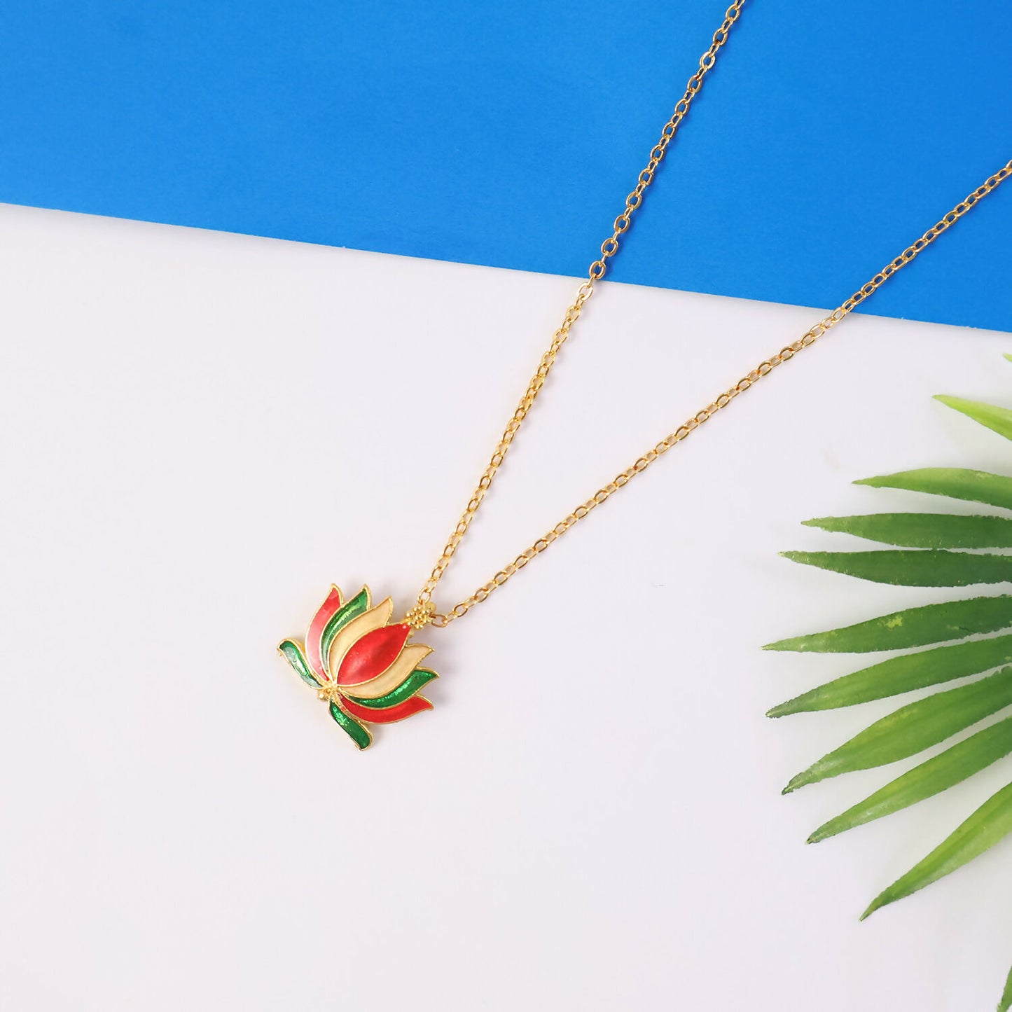 Traditional Lotus Flower Design Pendant Necklace with Chain for Women