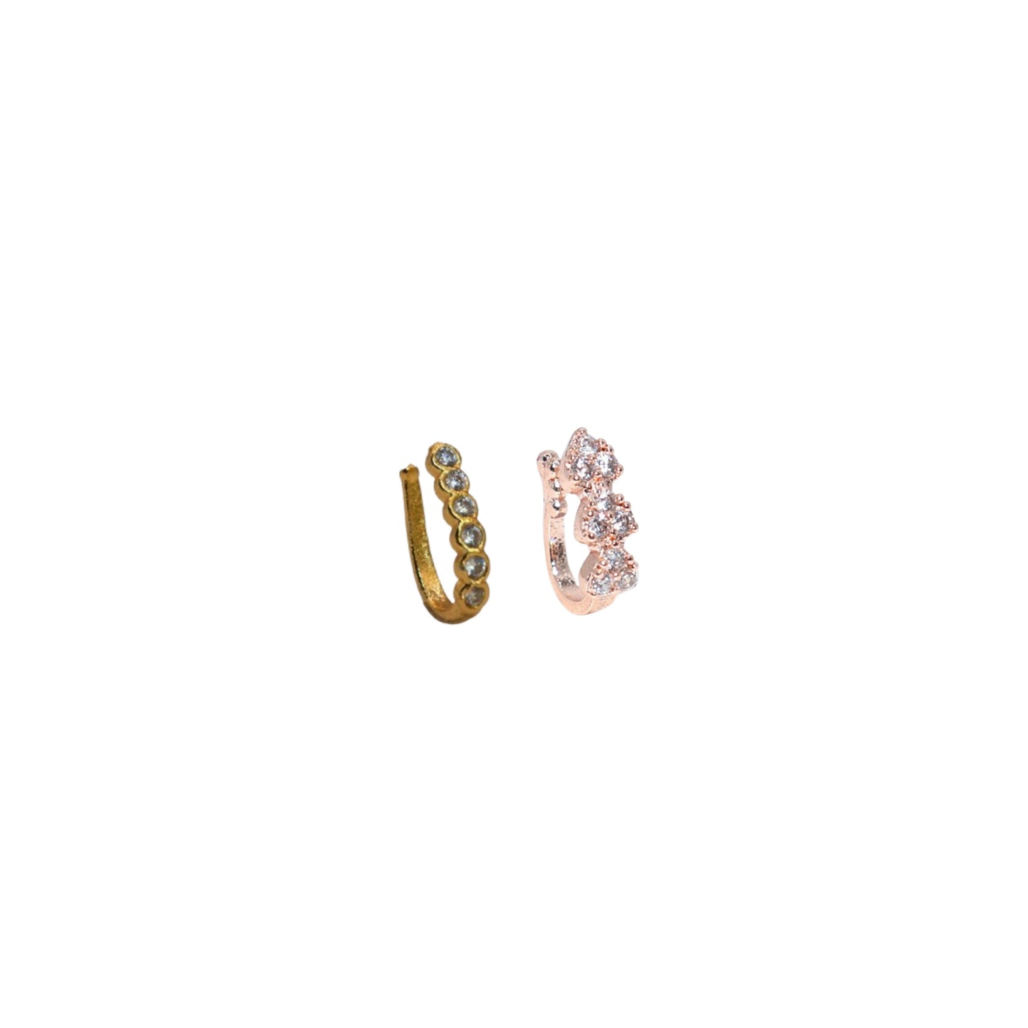 Close-up of gold and rose gold cubic zirconia clip-on nose rings showcasing sparkling stones