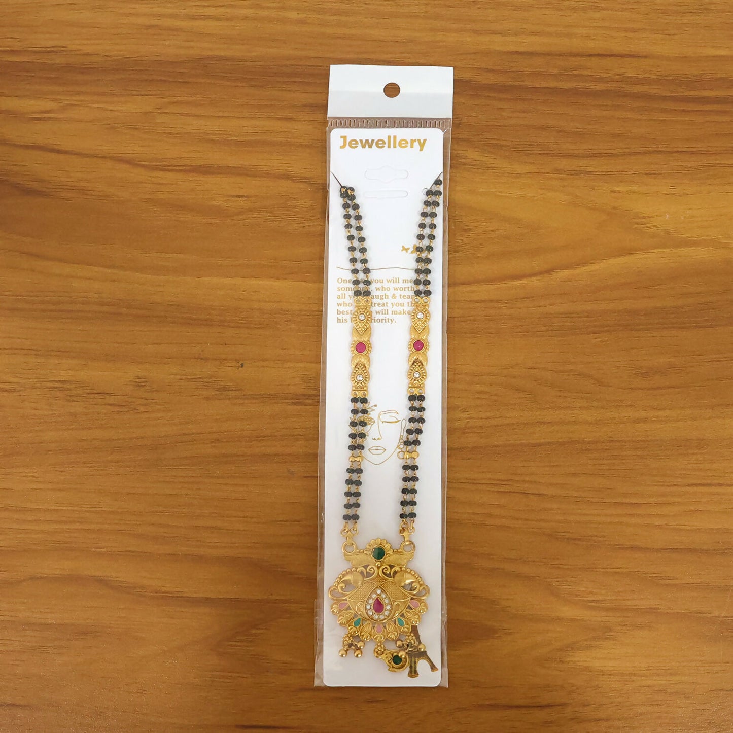 Mirrored Twin Peacock Pendant with Pastel Drop Long Double Strand Mangalsutra