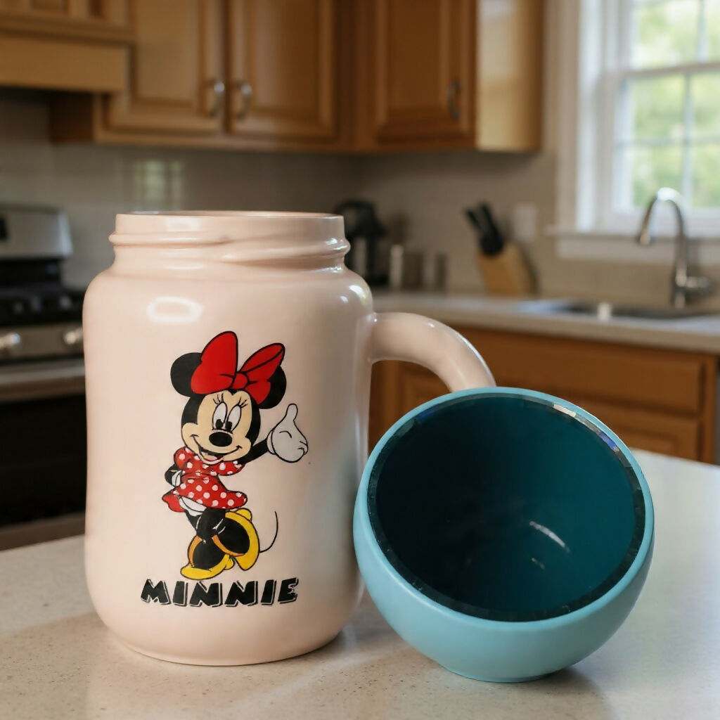 Side view of ceramic coffee mug with cartoon print and lid