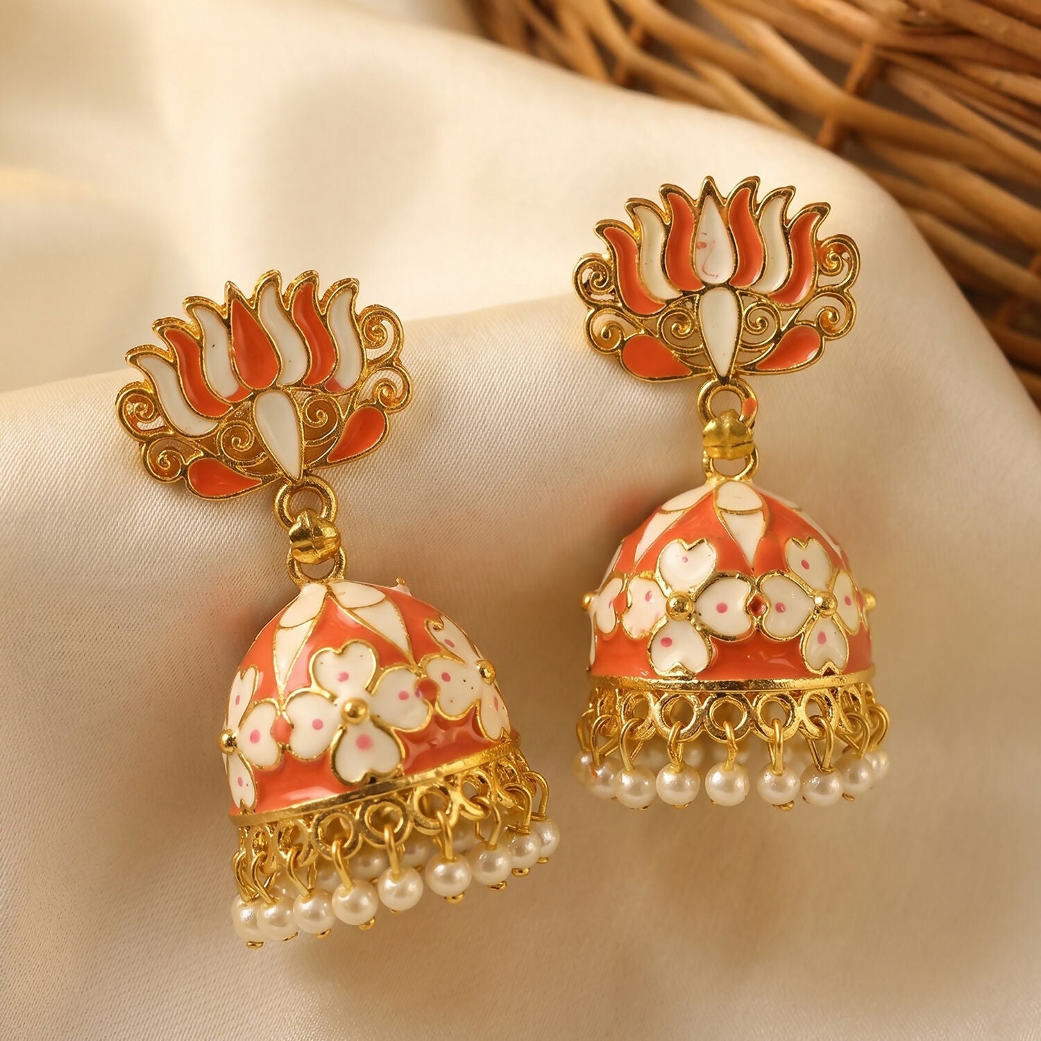 Peach Lotus Jhumka Earrings styled with traditional ethnic attire