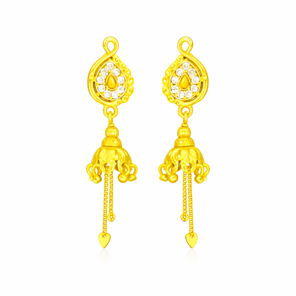 Elegant Paisley Stud Jhumka Earrings with Chain Drops