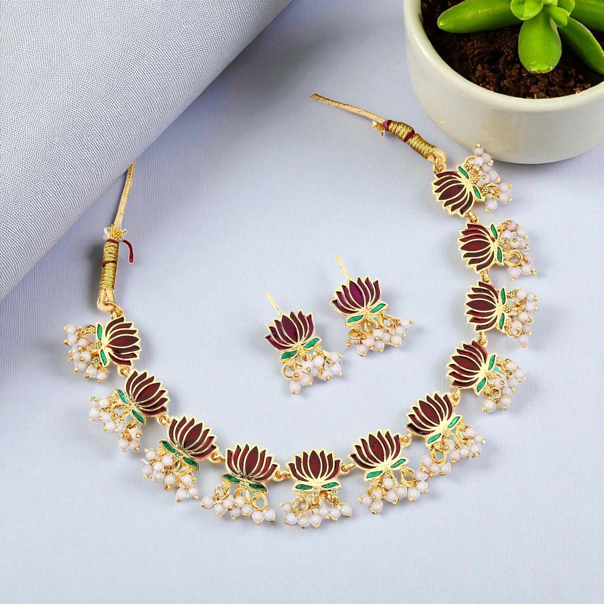 Gold-Toned maroon-Green Enamel Lotus & Pearl Choker Set