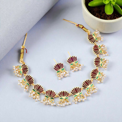 Gold-Toned maroon-Green Enamel Lotus & Pearl Choker Set