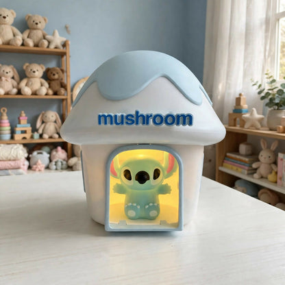 A light blue and white mushroom house night light with a glowing Stitch character inside a door frame.