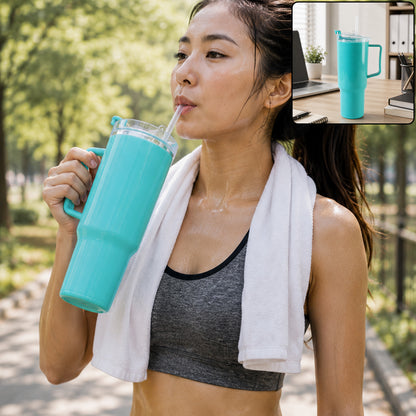 A woman in athletic wear drinks from a large aqua blue tumbler with a handle and straw outdoors. Inset shows the tumbler on