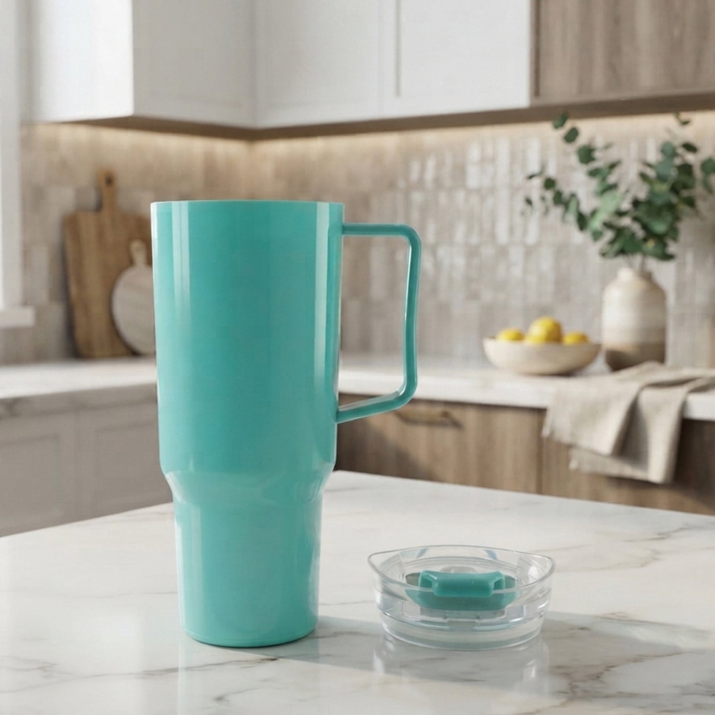 An aqua blue tumbler with a handle stands next to its clear lid on a marble kitchen counter with blurred cabinets in the