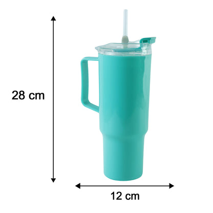 An aqua blue tumbler with a handle, clear lid, and straw, with dimensions indicating it is 28 cm tall and 12 cm wide.