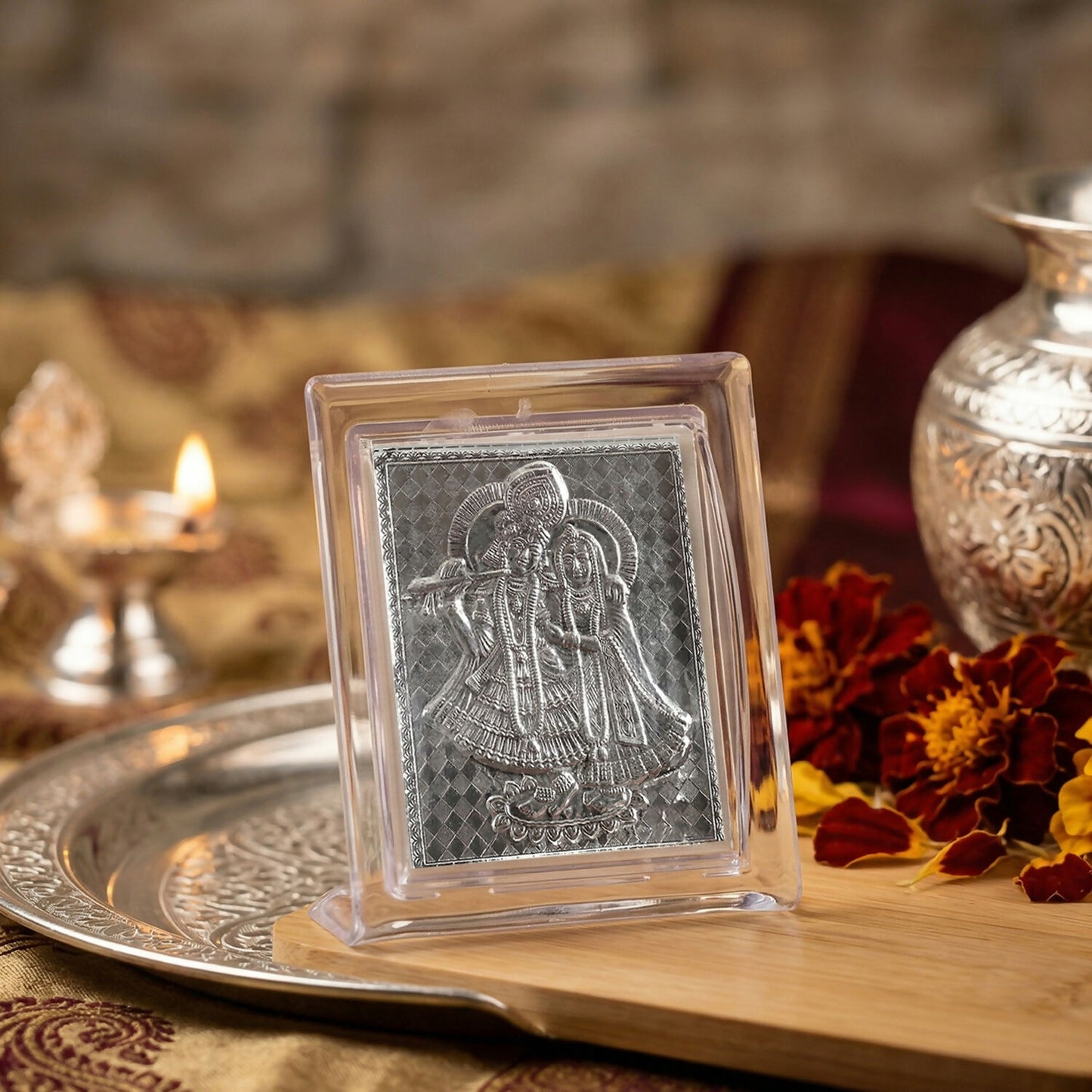 Silver Radha Krishna Decorative Plaque in Premium Acrylic Frame for Pooja and Home Decor