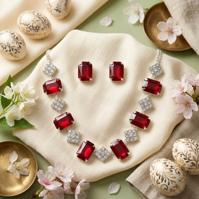Ruby Red Crystal Necklace with Diamond Style Accents & Matching Stud Earrings Set