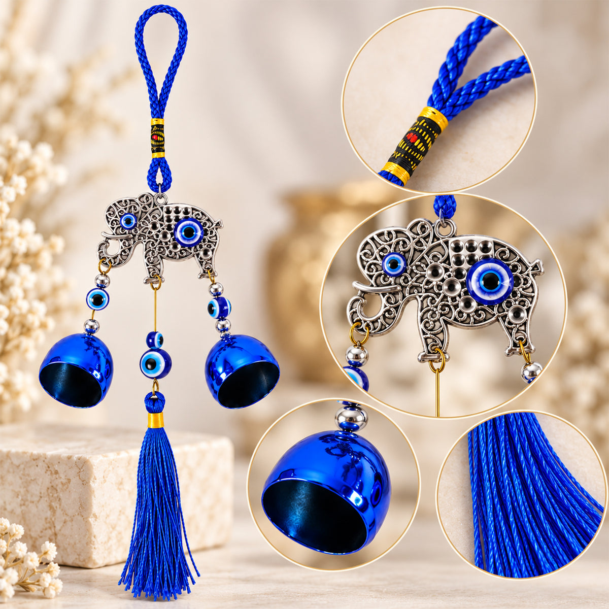 Evil Eye Wind Chime with Bells and Tassels for Home Decor (2 Pc Set)