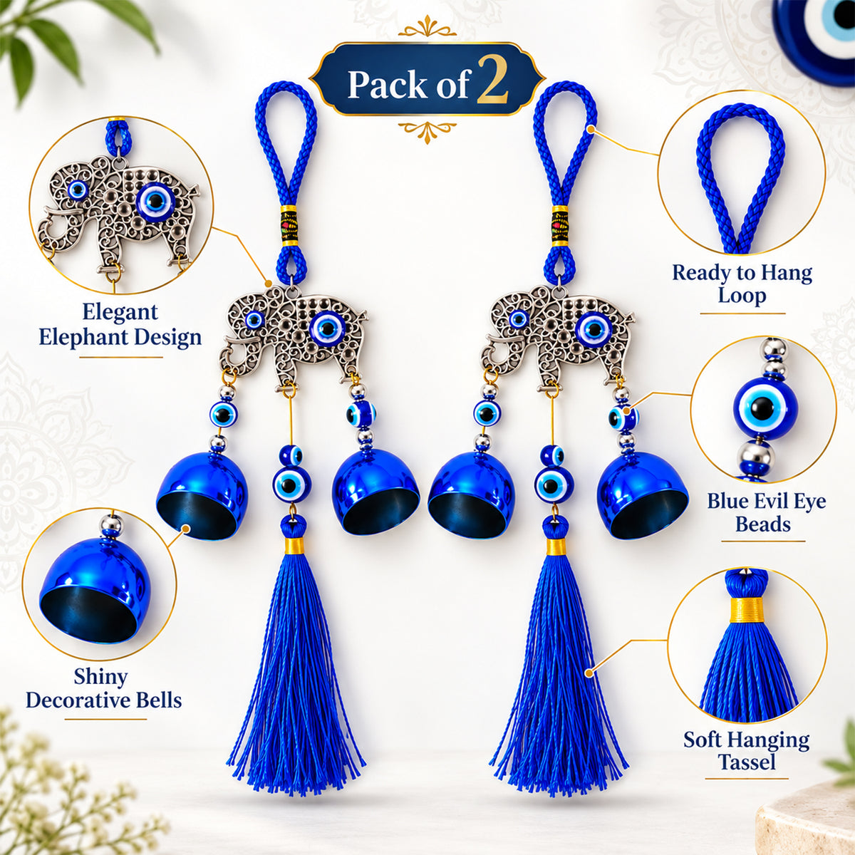 Evil Eye Wind Chime with Bells and Tassels for Home Decor (2 Pc Set)