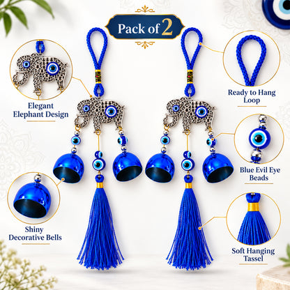 Evil Eye Wind Chime with Bells and Tassels for Home Decor (2 Pc Set)