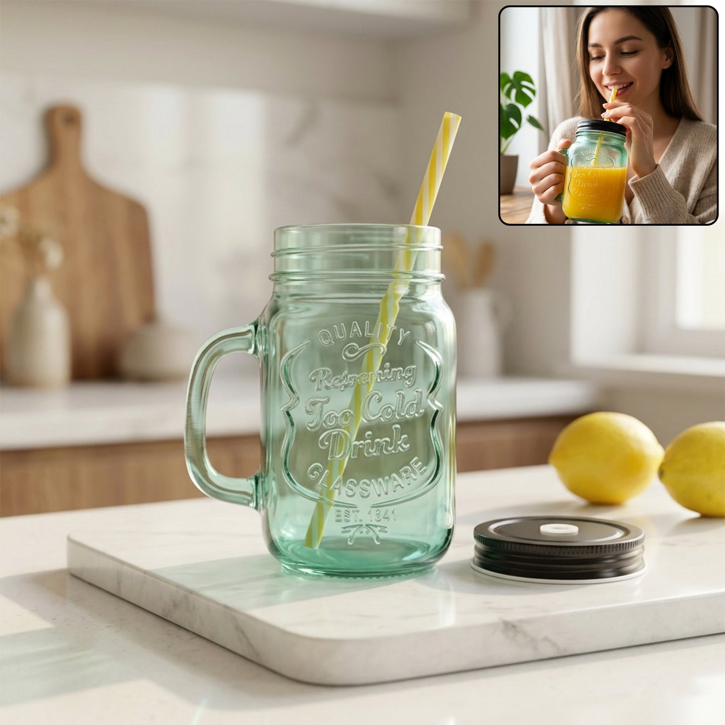 Clear Mason Jar Drinking Cup with Handle and Straw