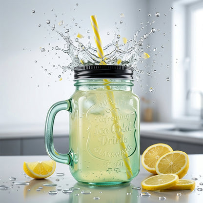 Decorative Mason Jar Drinking Cup with handle and straw