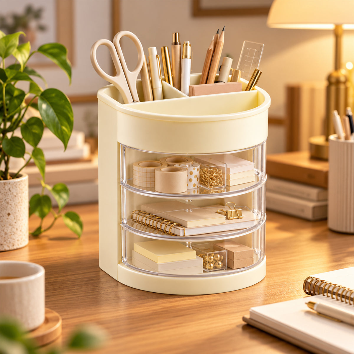 Plastic Pen Holder with 6 Compartments and Clear Drawers for Desk Organization