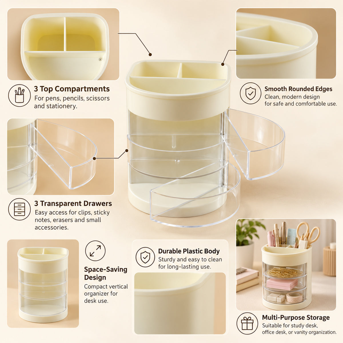 Plastic Pen Holder with 6 Compartments and Clear Drawers for Desk Organization