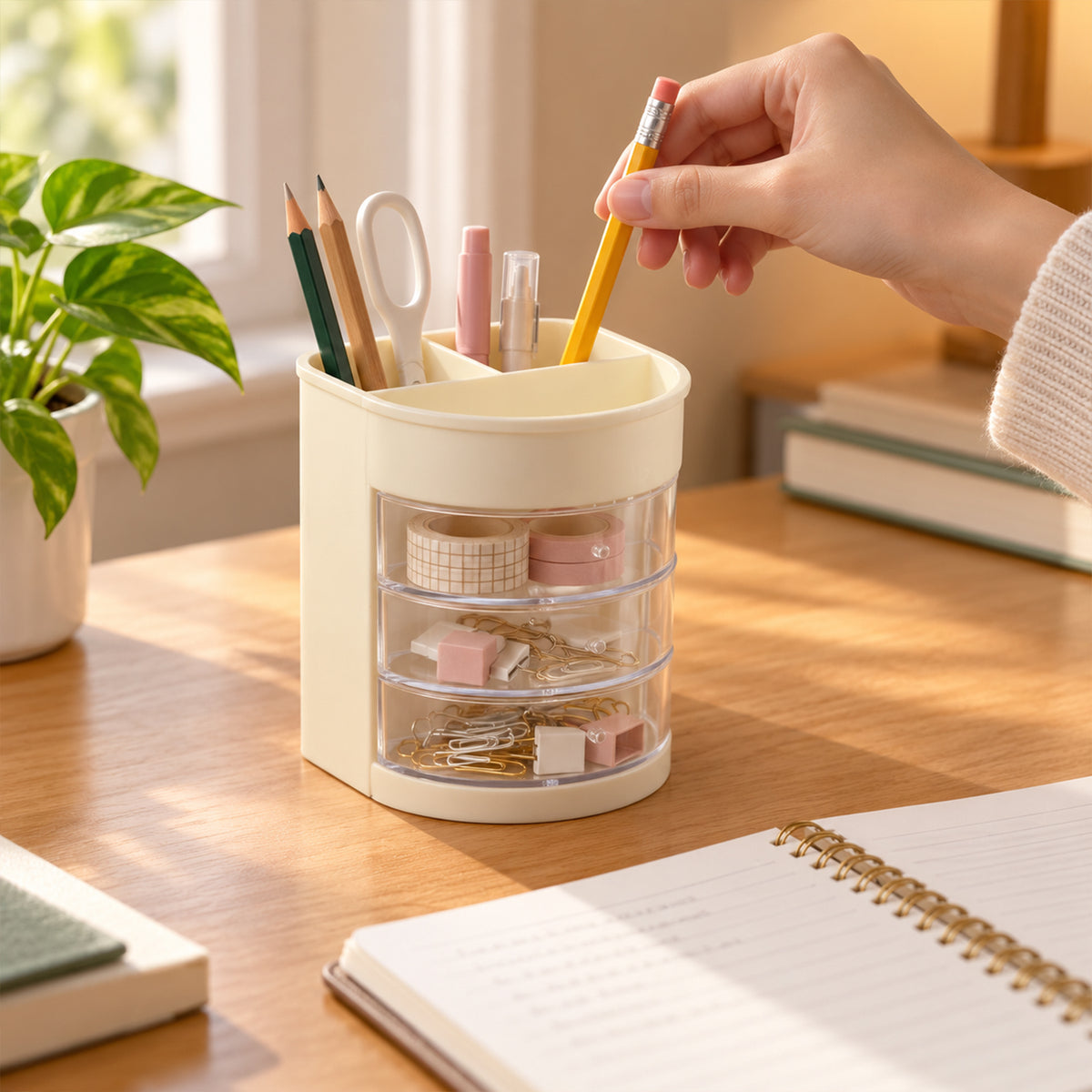 Plastic Pen Holder with 6 Compartments and Clear Drawers for Desk Organization