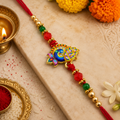 Colorful Golden-Plated Peacock (Mayur) Enamel Rakhi with Crystal Stones & Beaded Thread