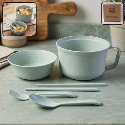Wheat straw dinnerware set with bowl, spoon, and chopsticks for eco-friendly dining