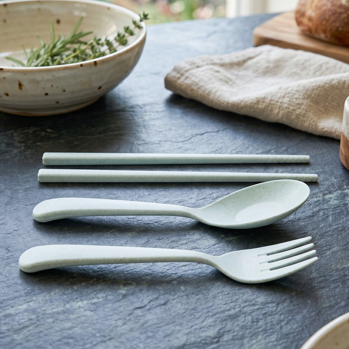 Eco-friendly wheat straw dinnerware set arranged on a table