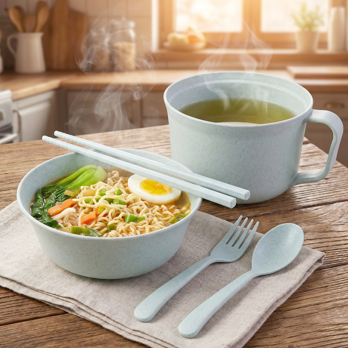 Set of wheat straw dinnerware including bowl, spoon, and chopsticks