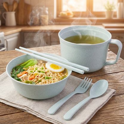 Set of wheat straw dinnerware including bowl, spoon, and chopsticks
