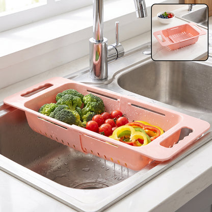 Adjustable plastic over the sink drain basket colander with handles