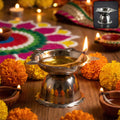 Sunflower Design Stainless Steel Diya Stand – Small Durable Pooja Lamp