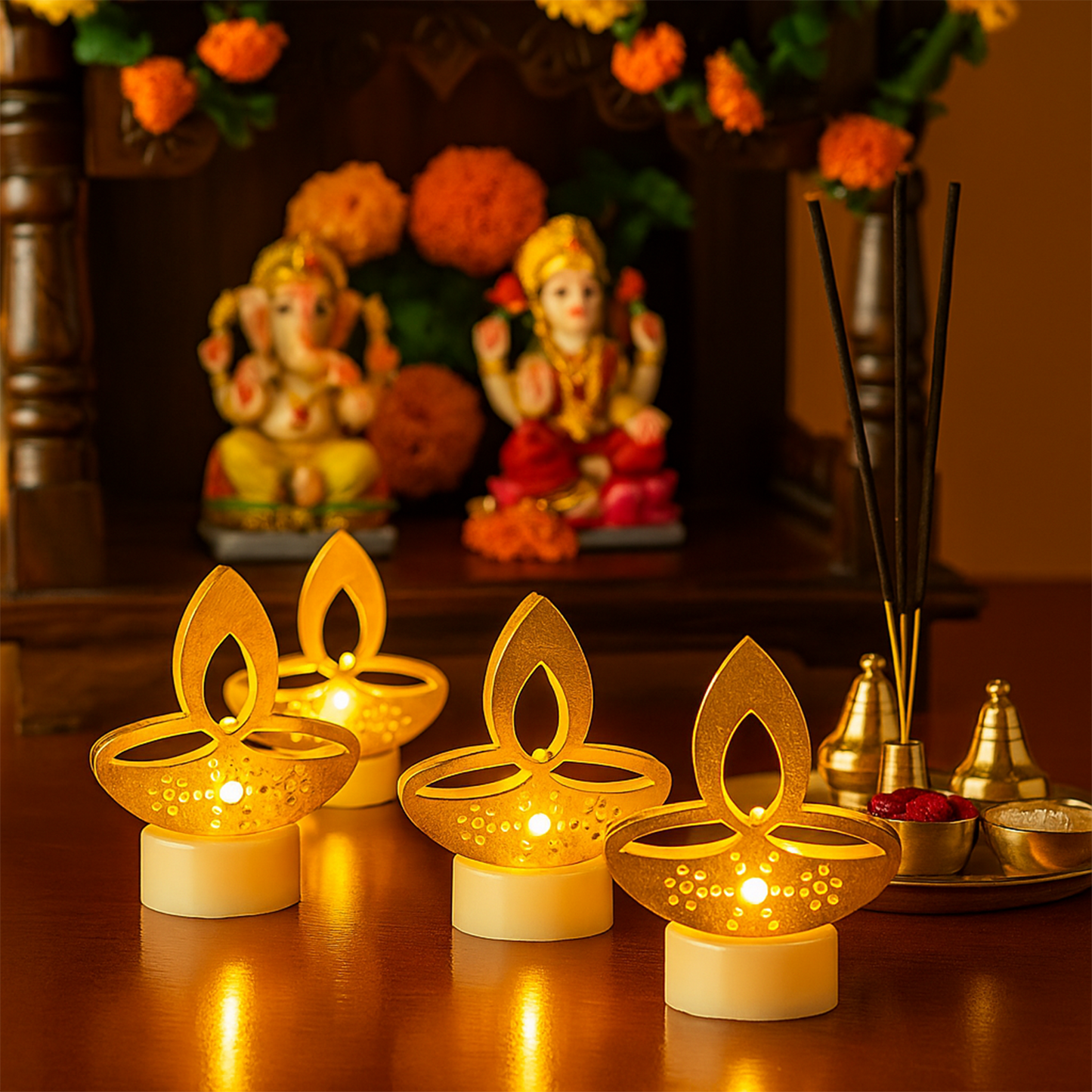 Golden Diya Shaped LED Tealight Candles (6 Pc)