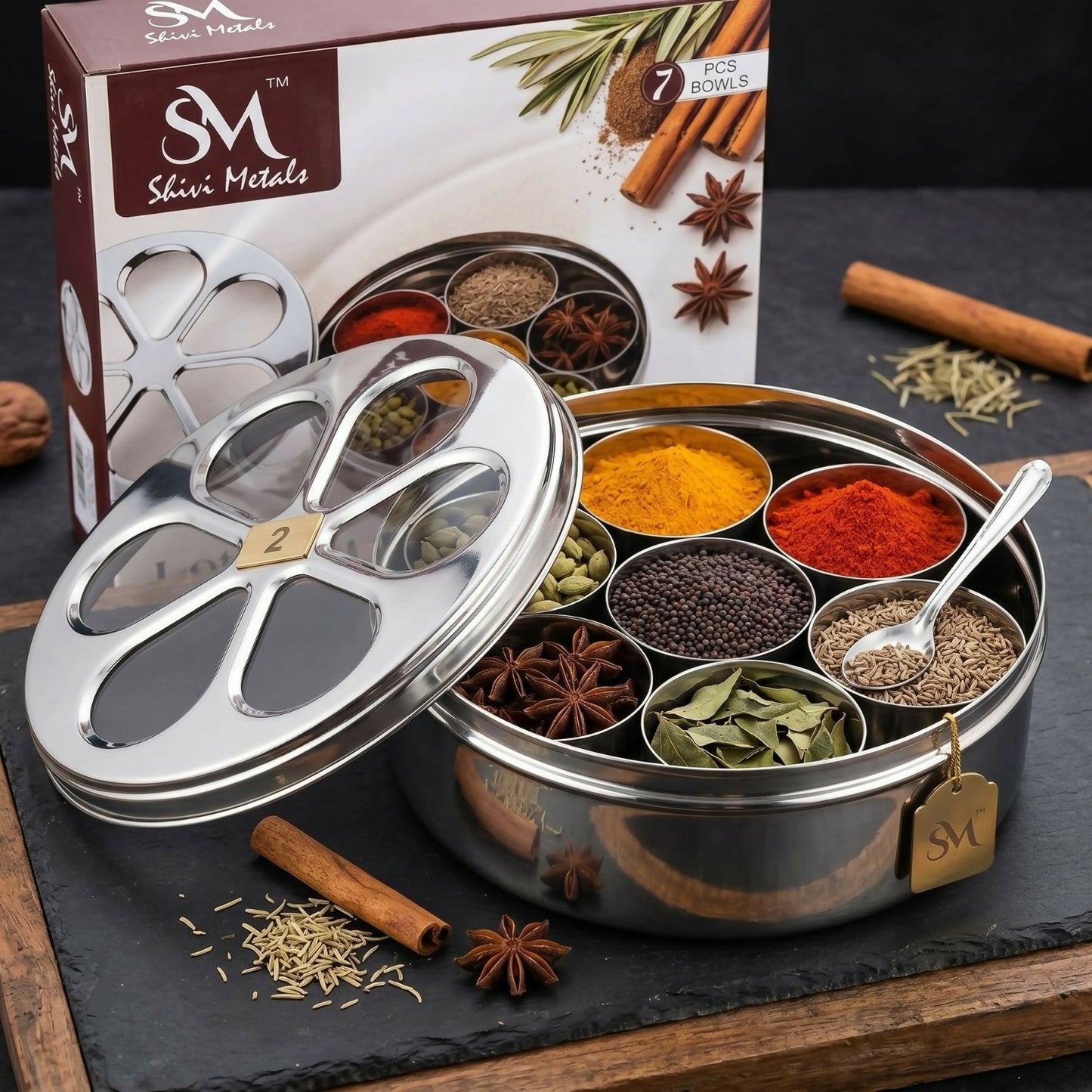 Close-up of lotus-inspired masala container with 7 bowls