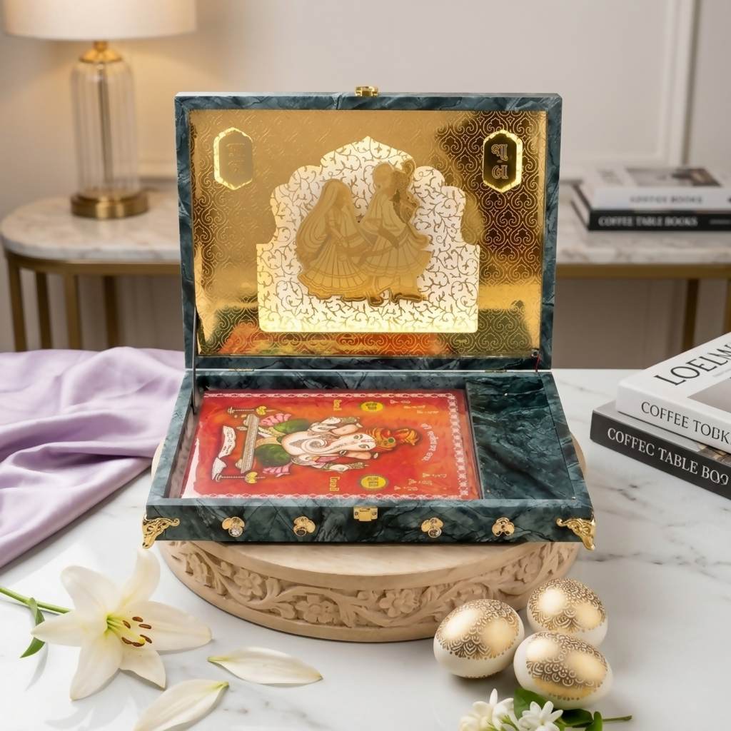 Open velvet invitation box showing spacious interior