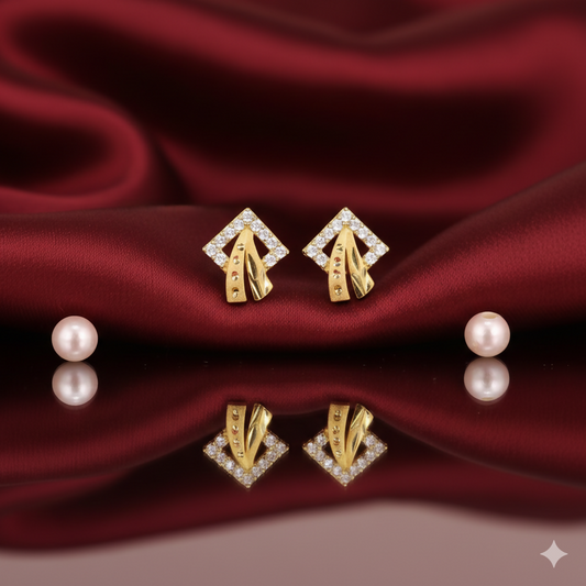 Gold & Diamond Square Geometric Stud Earrings for women and girls