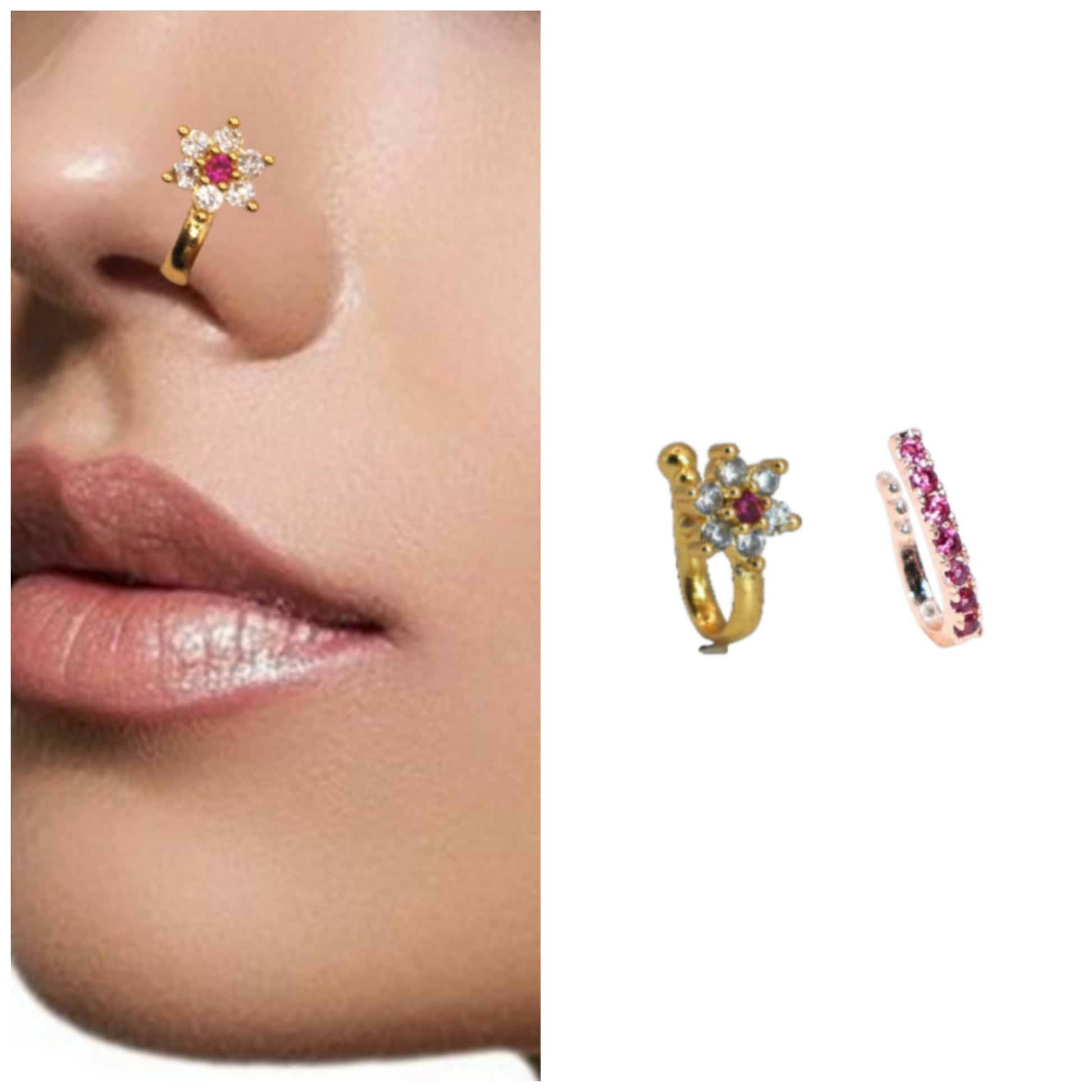 Deluxe clip-on nose pin set with ruby and cubic zirconia stones showcasing elegant design