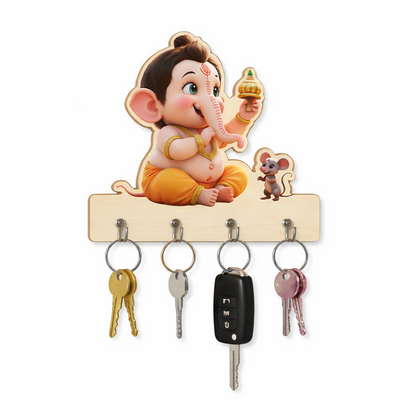 Baby Ganesha Key Holder with 5 Hooks | Wall Mounted Key Stand (8x6 Inch)