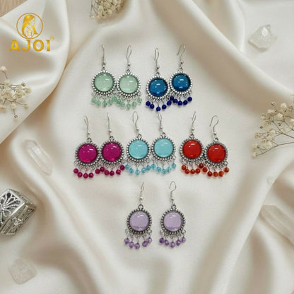 Oxidized Silver Multicolor Stone Drop Earrings with Beaded Fringe