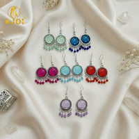 Oxidized Silver Multicolor Stone Drop Earrings with Beaded Fringe