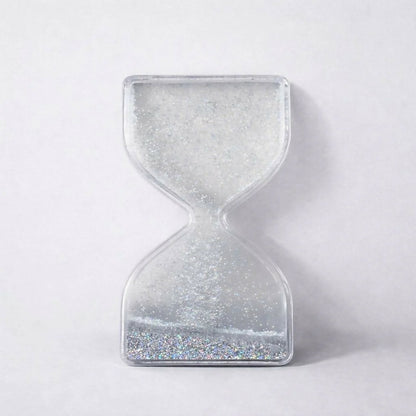 Silver liquid hourglass timer with shimmering particles