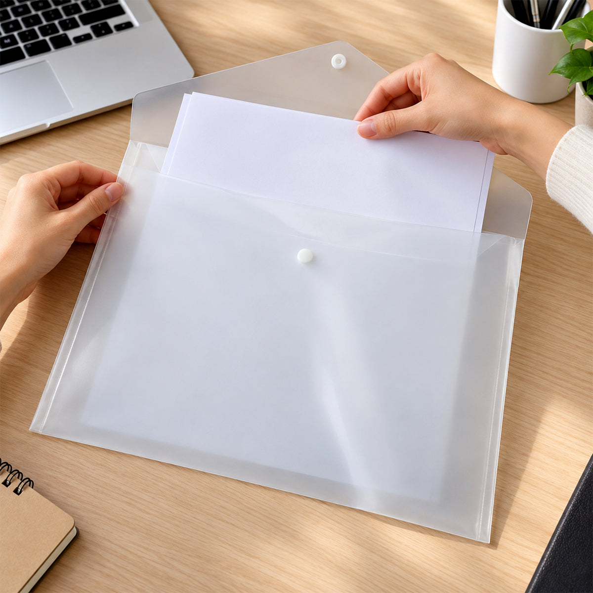 Transparent Plastic Document Folder Envelope Bag with Button for Office (1 Pc)