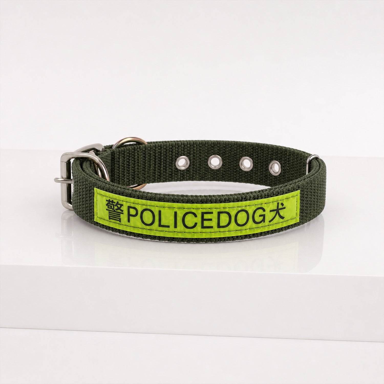 Durable nylon dog collar being adjusted for a fit