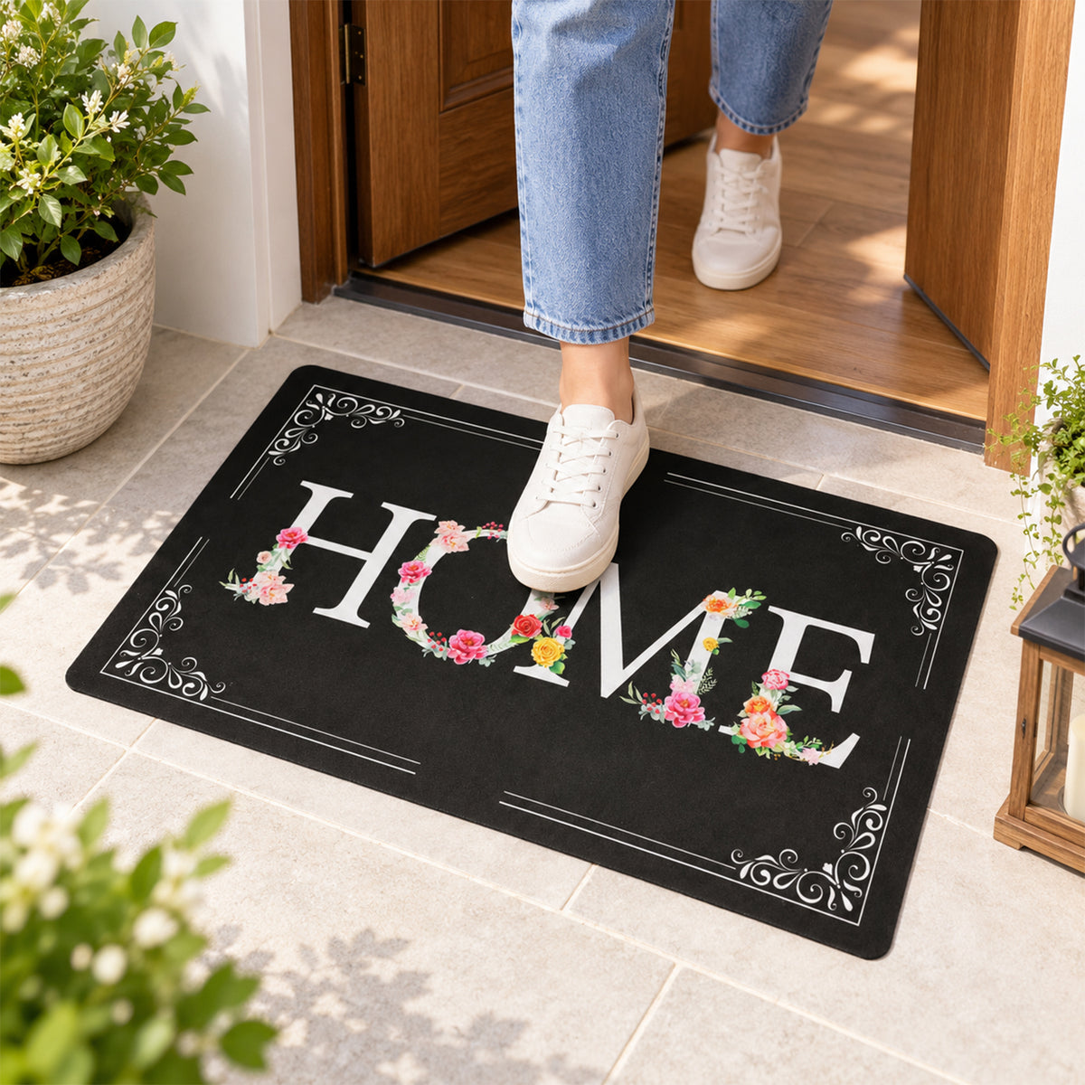 Decorative Door Mat, Floral HOME Print Non-Slip Entrance Mat (1 Pc, 75.5x44 Cm)