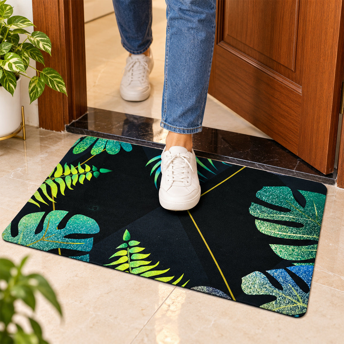 Decorative Tropical Leaf Print Floor Mat for Indoor Doorways (1 Pc, 59.5x40 Cm)