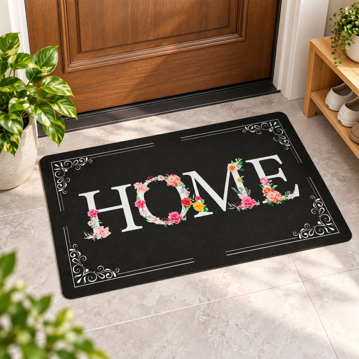 Decorative Door Mat, Floral HOME Print Non-Slip Entrance Mat (1 Pc, 75.5x44 Cm)